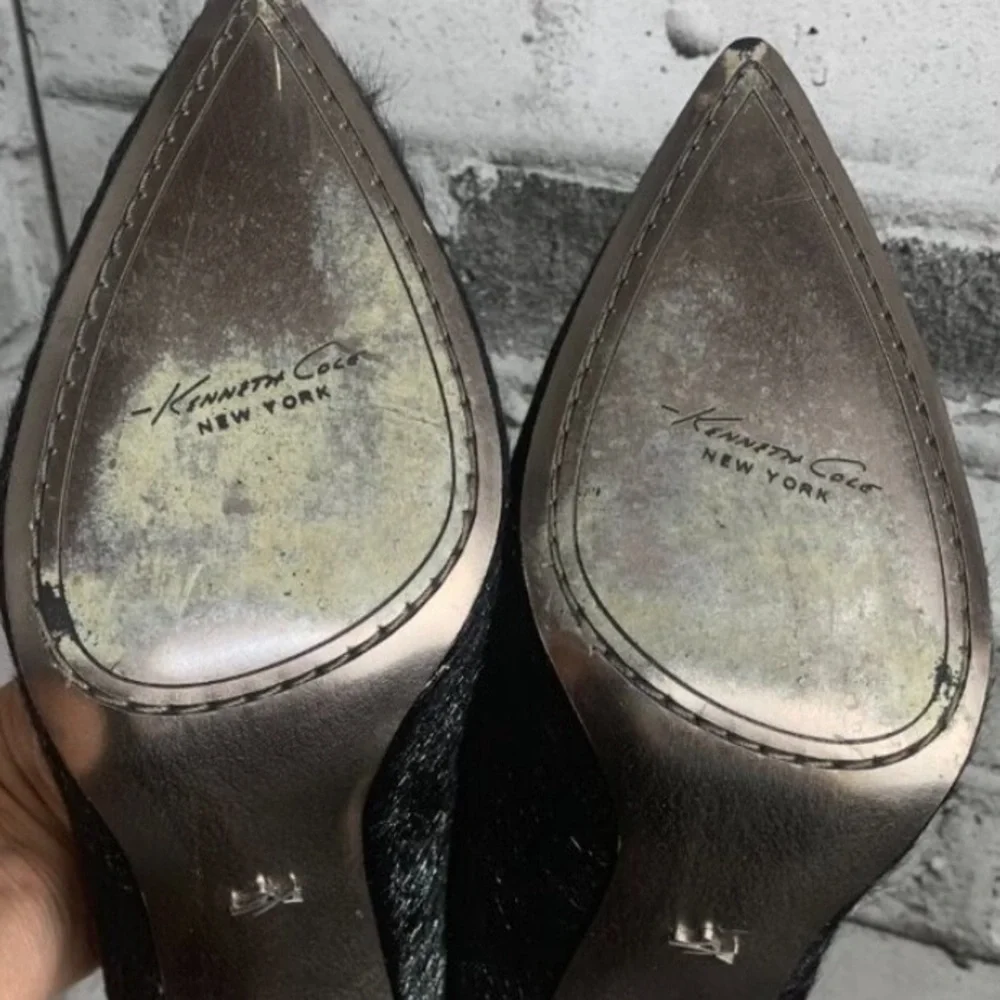 Kenneth Cole Black Mohair Ankle Strap Pointed Stiletto Heels EUC